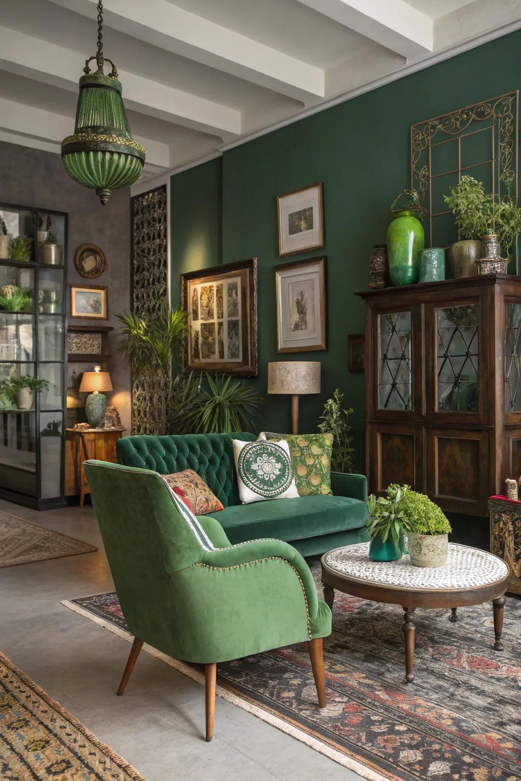 Green joins varied styles into a harmonious design.