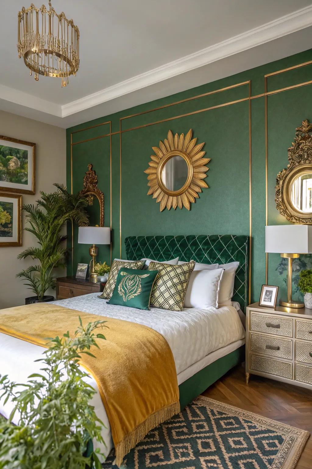 A luxurious bedroom with an elegant green and gold color scheme.