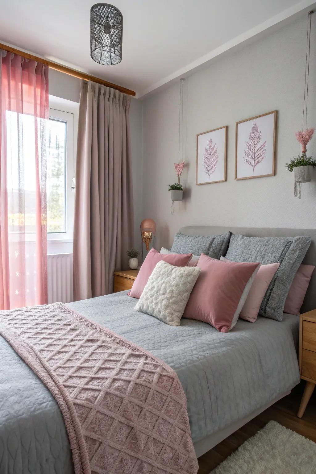 Grey cushions blend seamlessly with pink hues, offering comfort and balance.