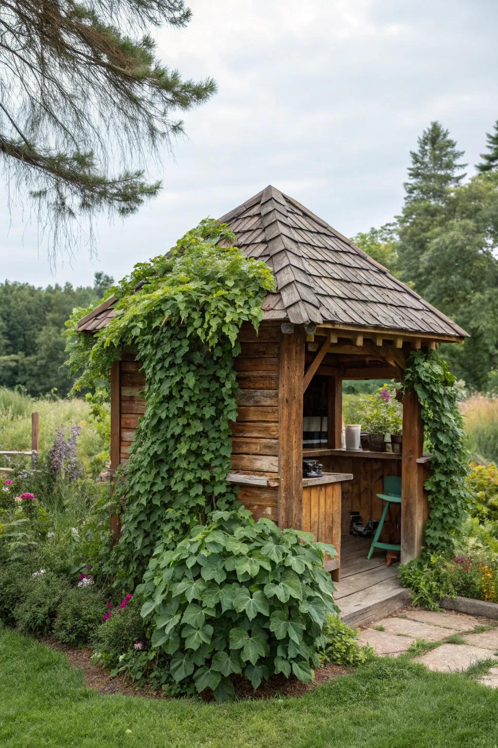 A garden retreat barbecue shelter brimming with vibrant plant life.