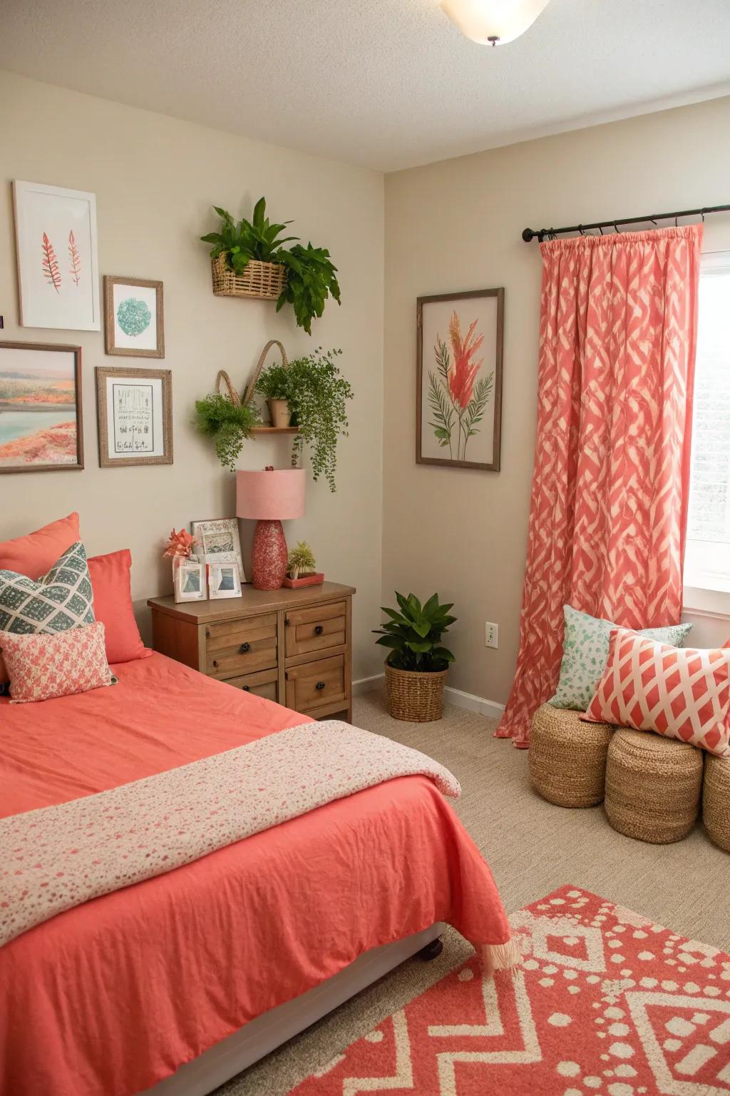 A guest room showcasing dynamic coral accents for a lively ambiance.