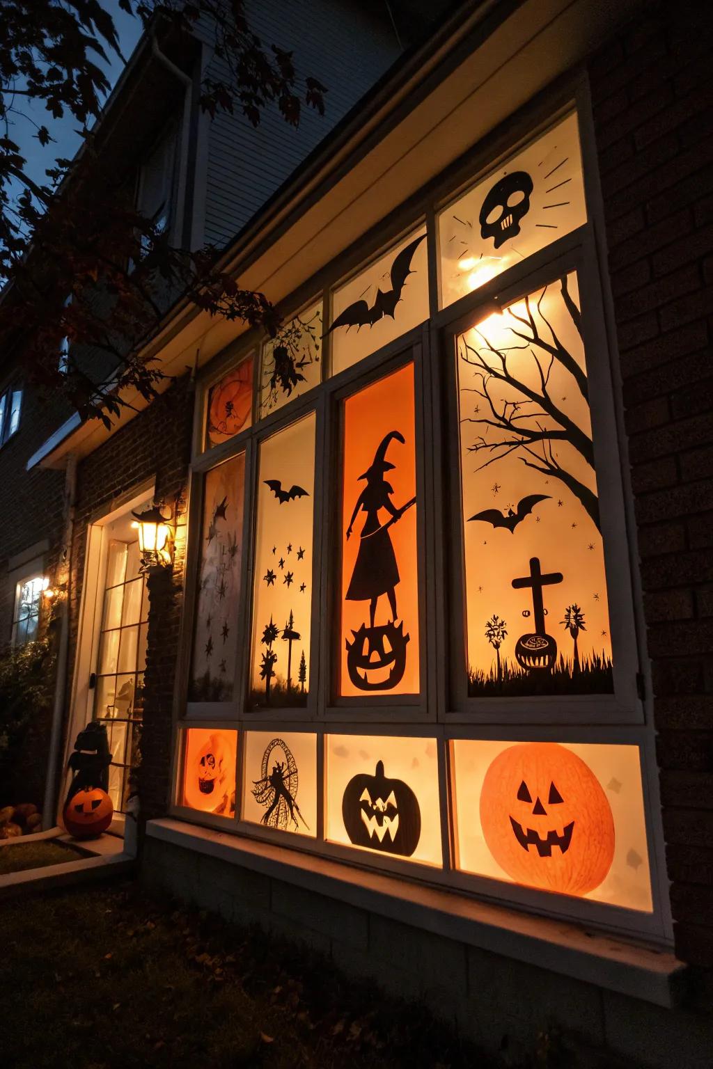 Window placards adding a cryptic touch to Halloween decoration.