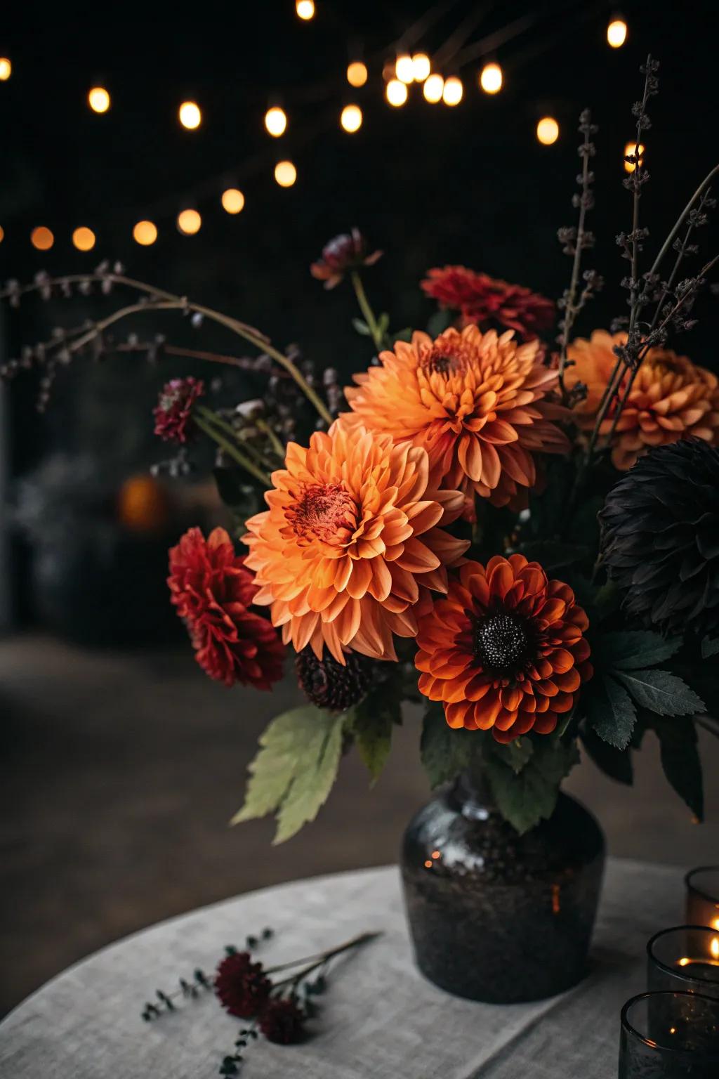 Amber and ebony dahlias convey a bold assertion in floral designs.
