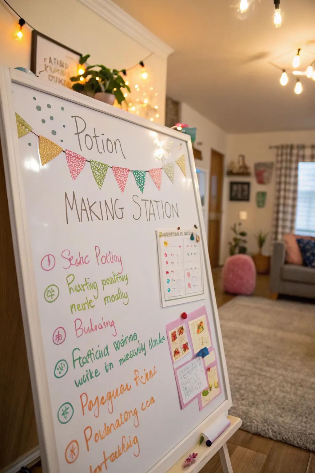 A potion making station featured on a Halloween whiteboard.