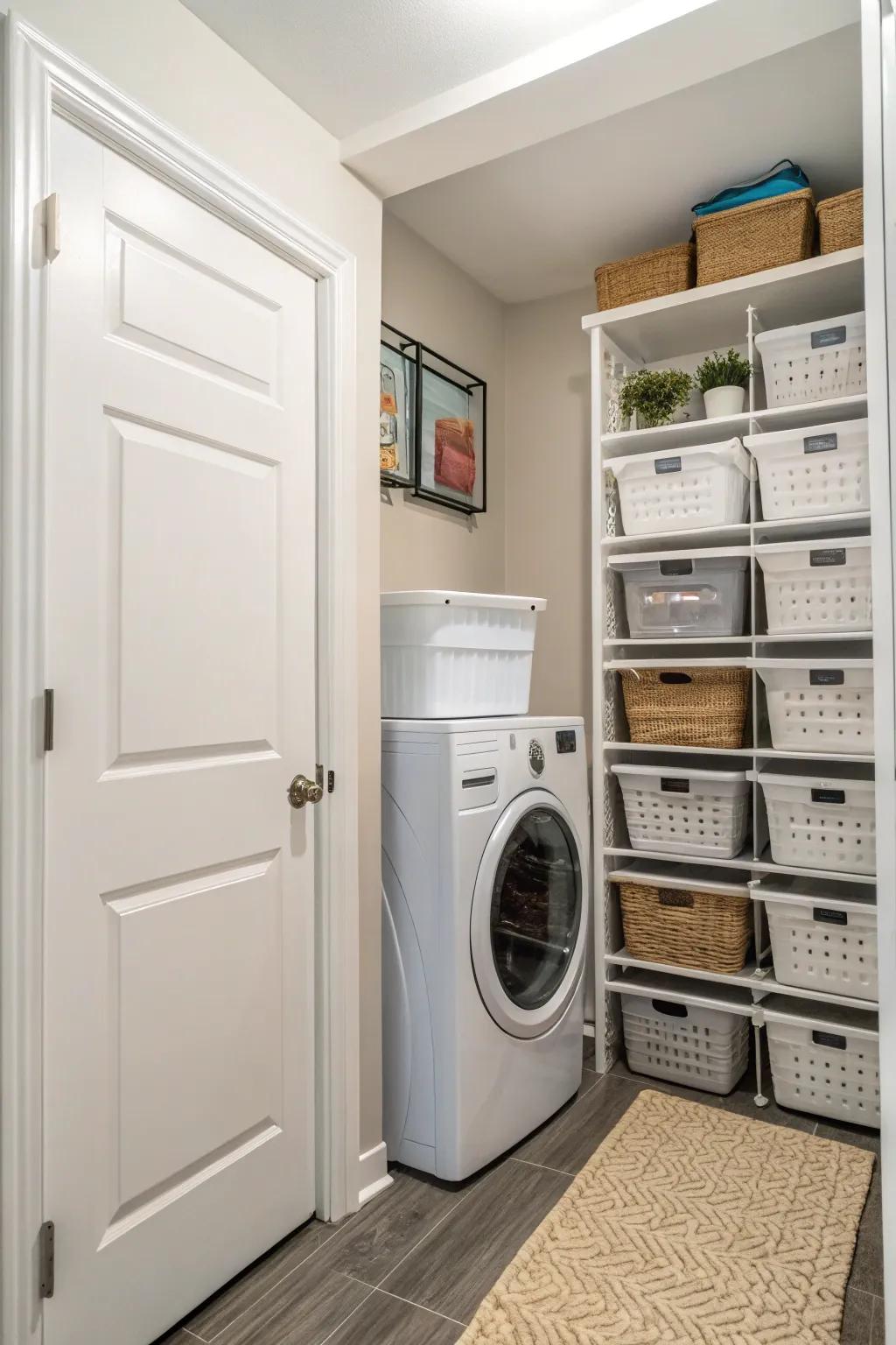High-rise stacking bins boost storage potential.