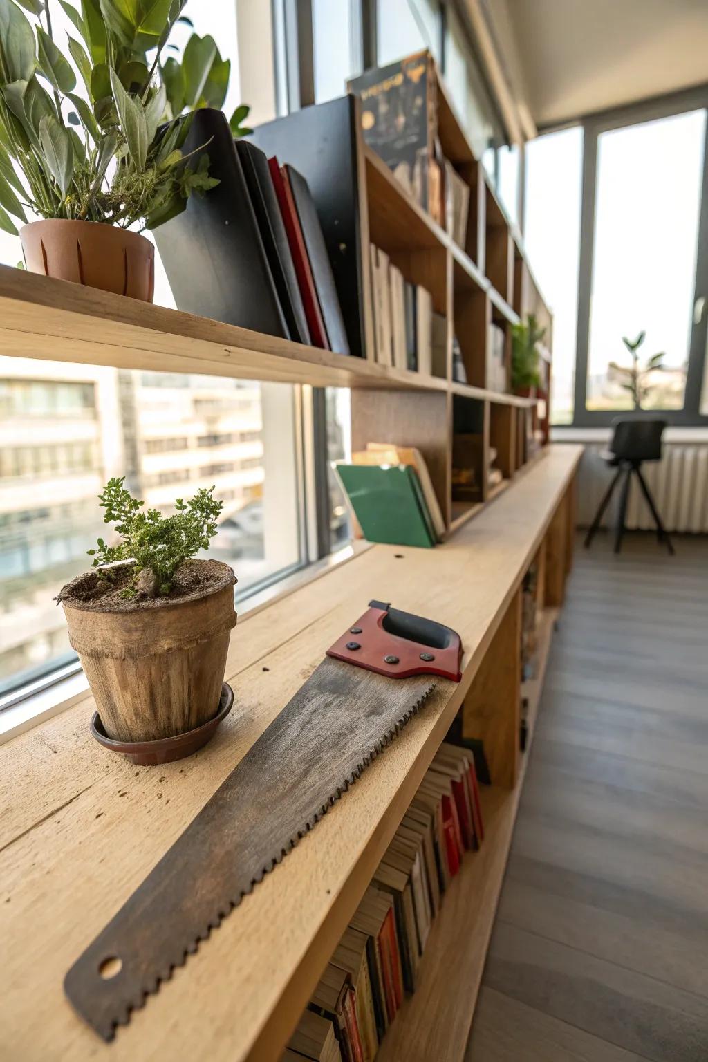 A handsaw that has been altered to turn into a practical pretty shelf.