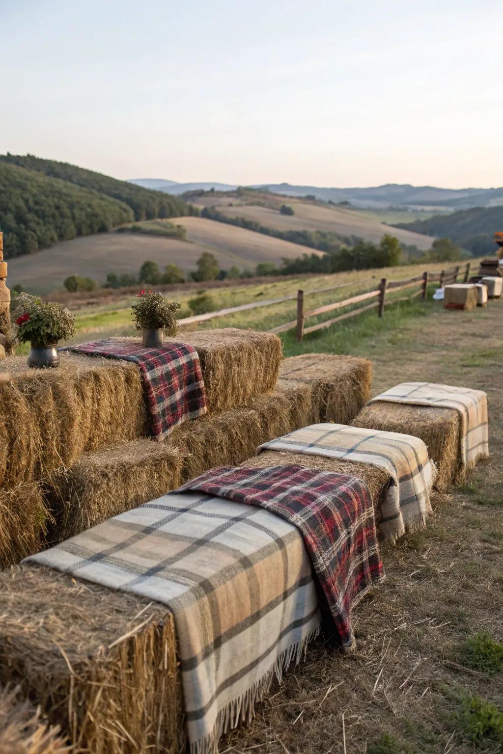Rustic straw bundle seating for a harvest social.