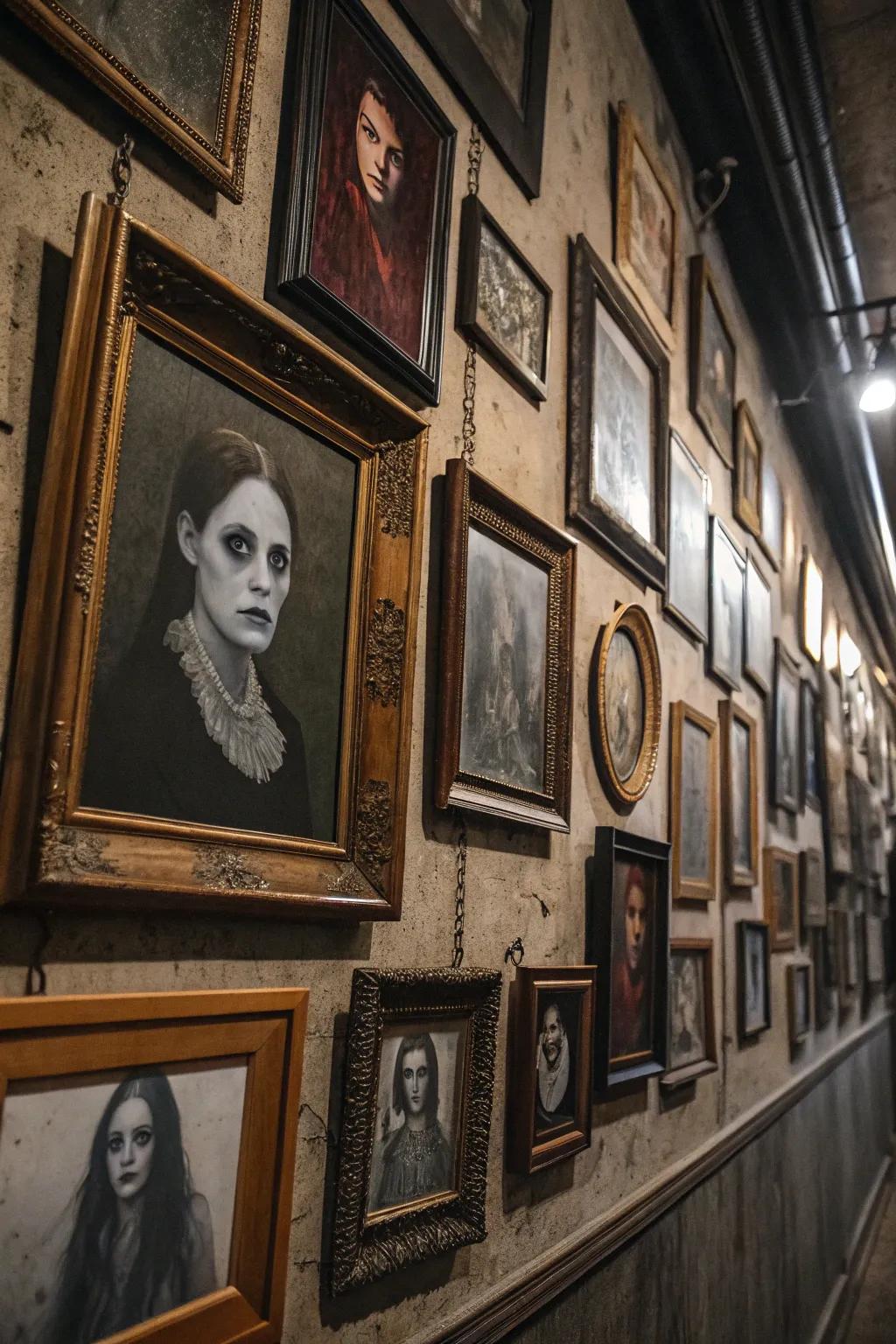 Fashion a haunted gallery partition with spooky portraits.