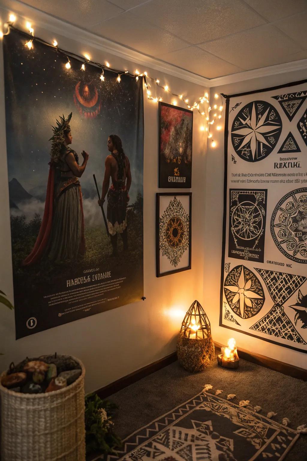 Wall decor of Hawaiian lore enhancing a mystical-themed room.