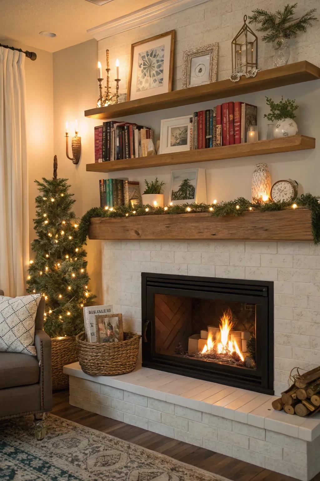 Floating shelves offer stylish storage options above your fireplace.