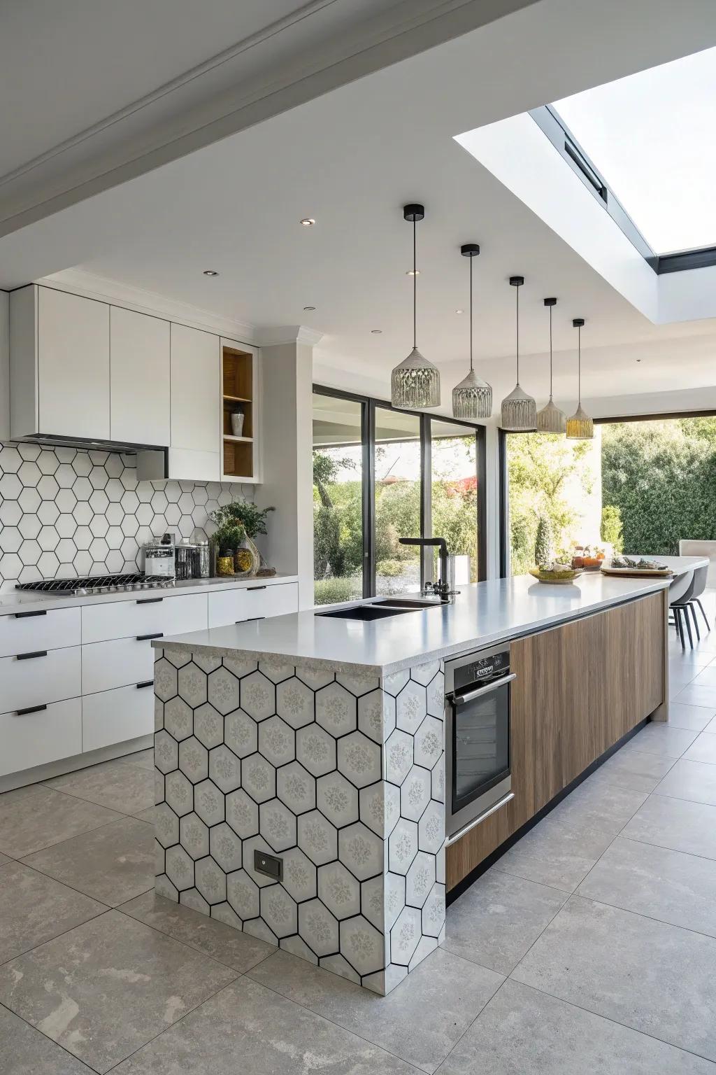 A floating island with hexagon accents becomes a stylish kitchen centerpiece.