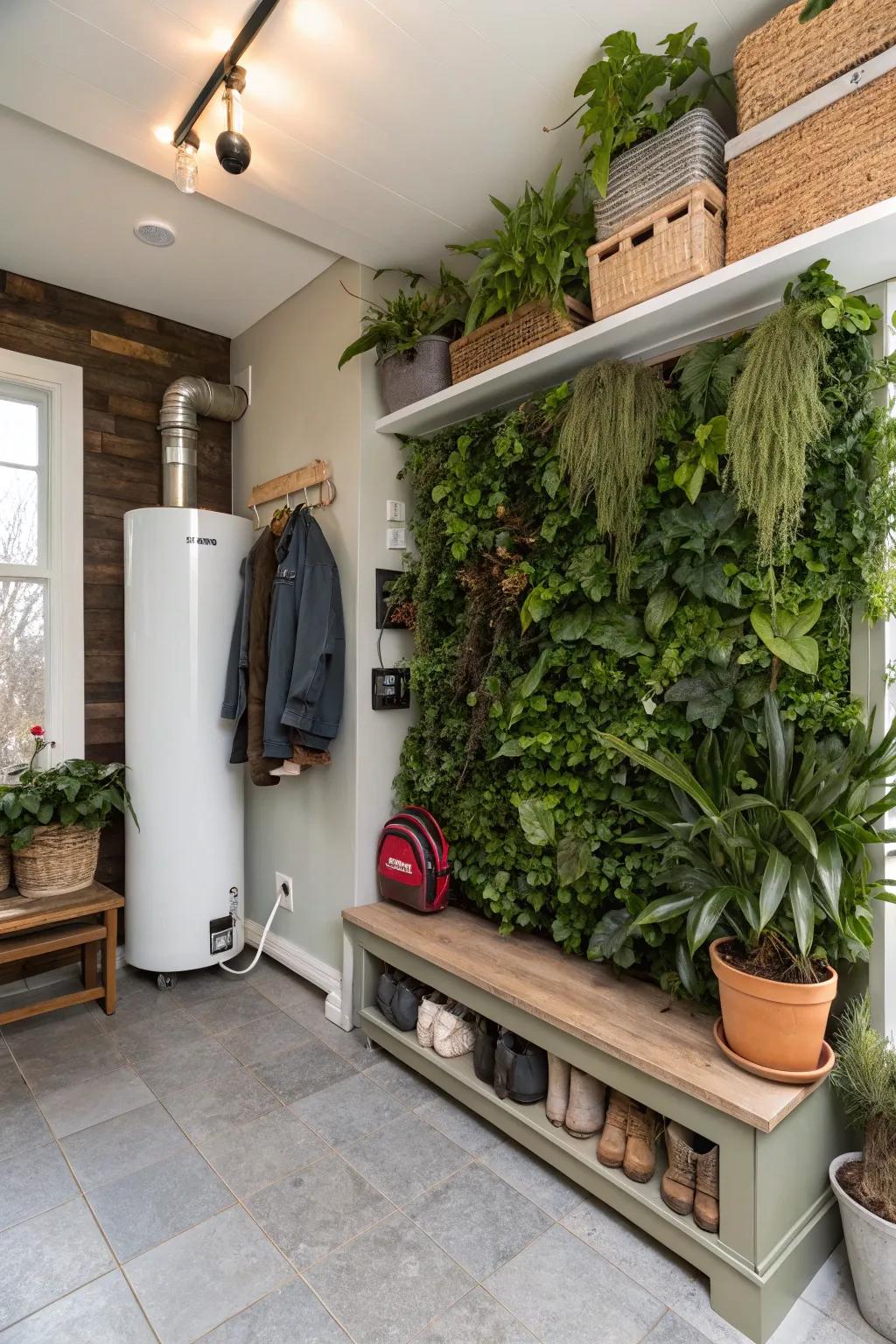 A plant wall beautifully concealing utility items.