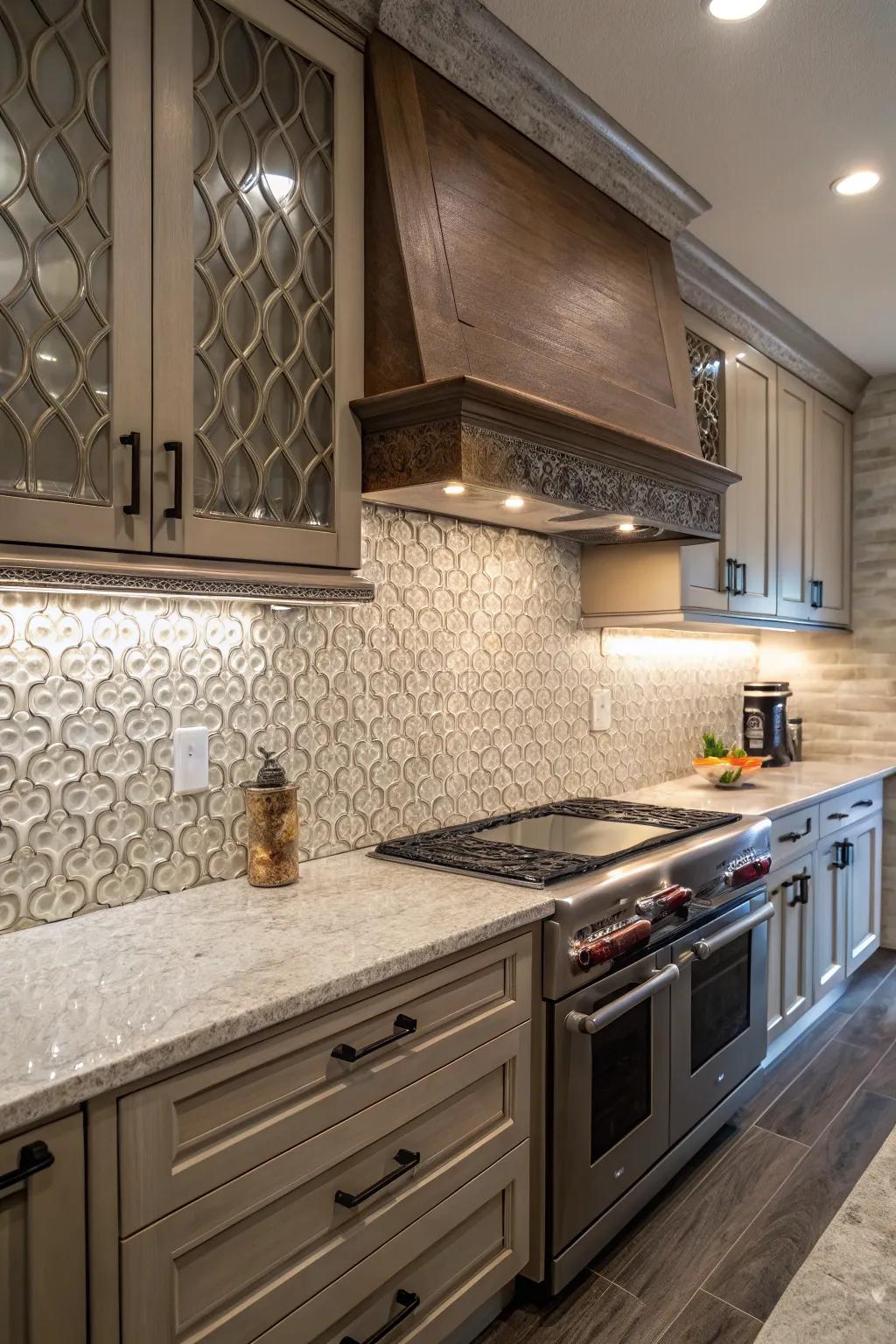 Textured backsplash introduces appealing depth.