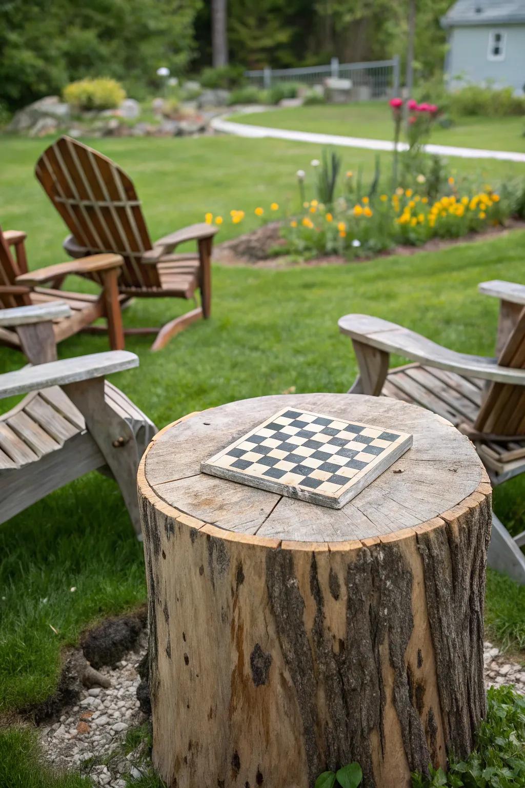 A tree base chess table lures strategical fun to your garden.