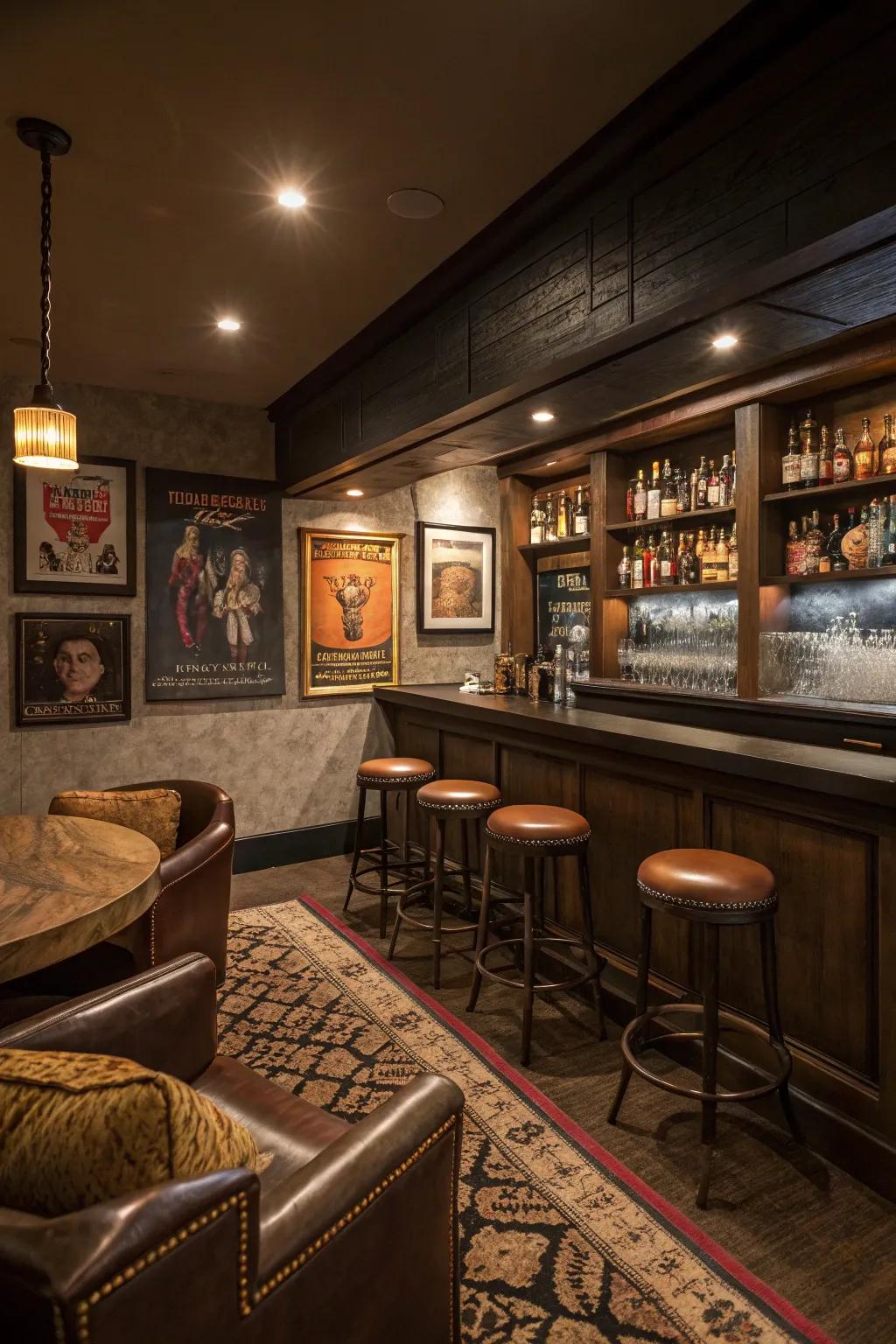 Establish a speakeasy vibe using moody shades and vintage touches.