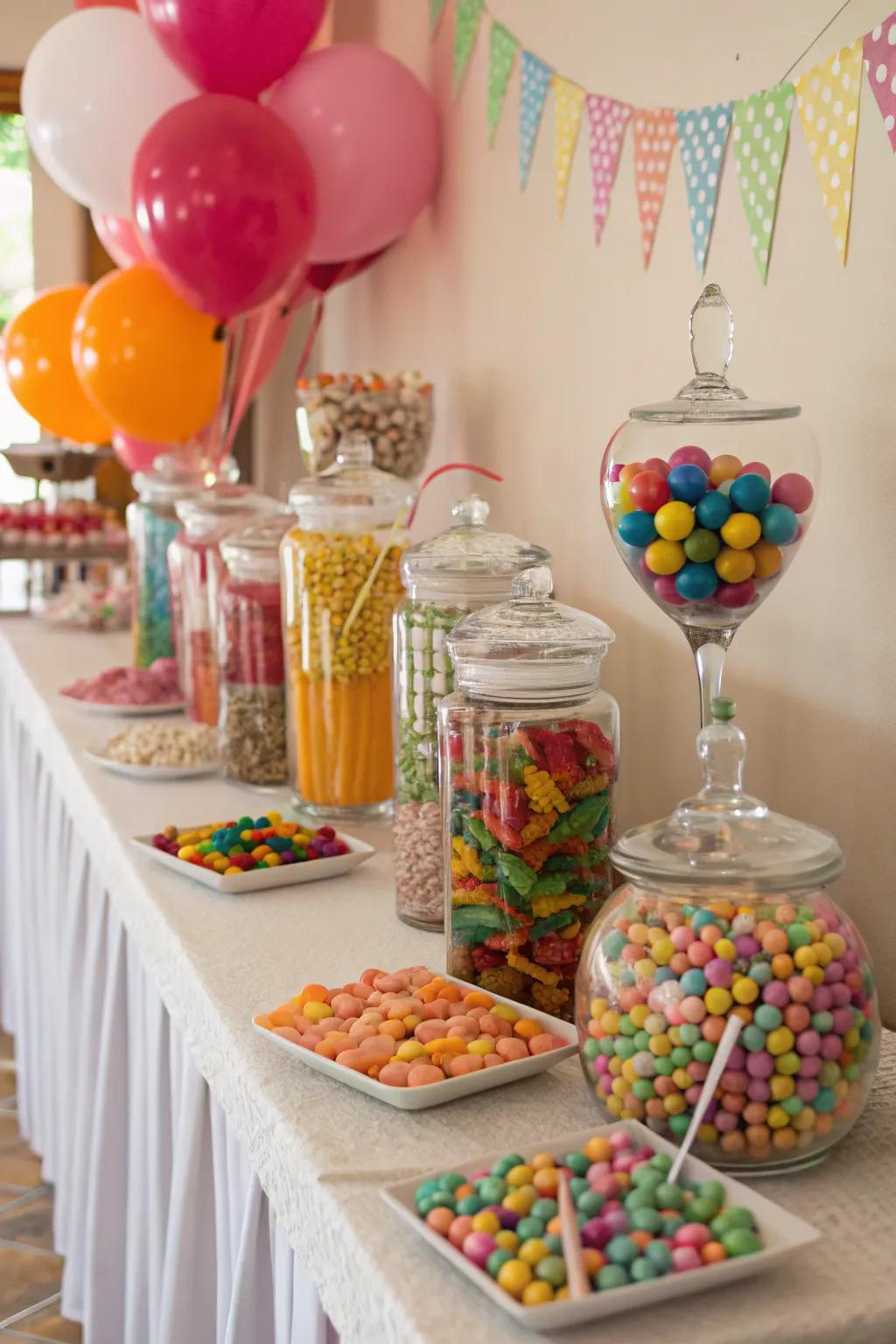 A vibrant candy buffet that’s both a treat and a decoration.