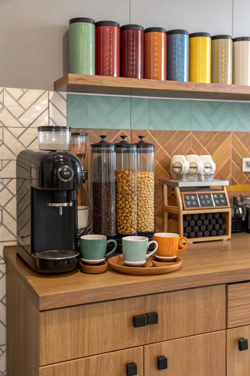 Color scheme creates a cohesive and harmonious coffee station.