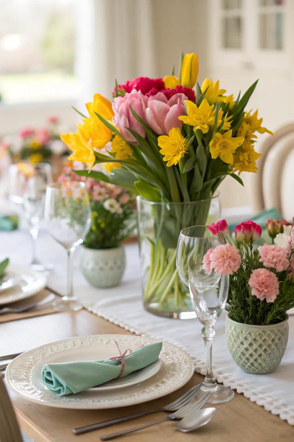 A dining table brightened by spring flower decor.