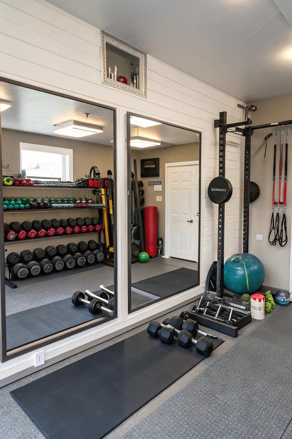 In this organized gym, mirrors divide the workout areas.