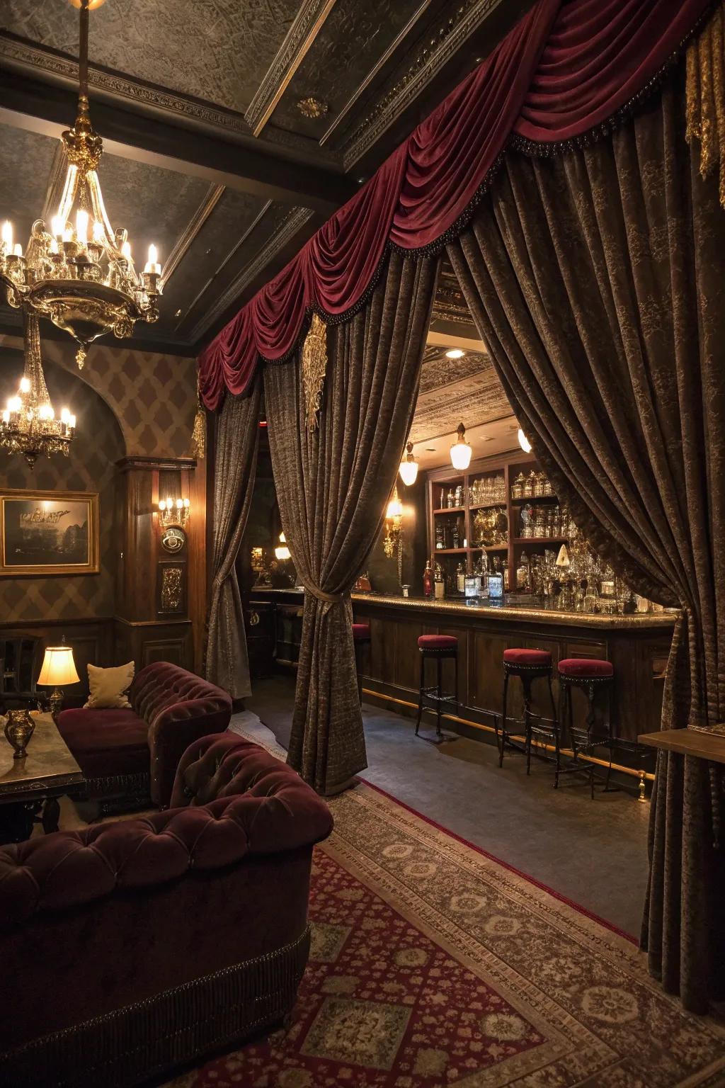 Opulent drapes elevate seclusion and opulence.