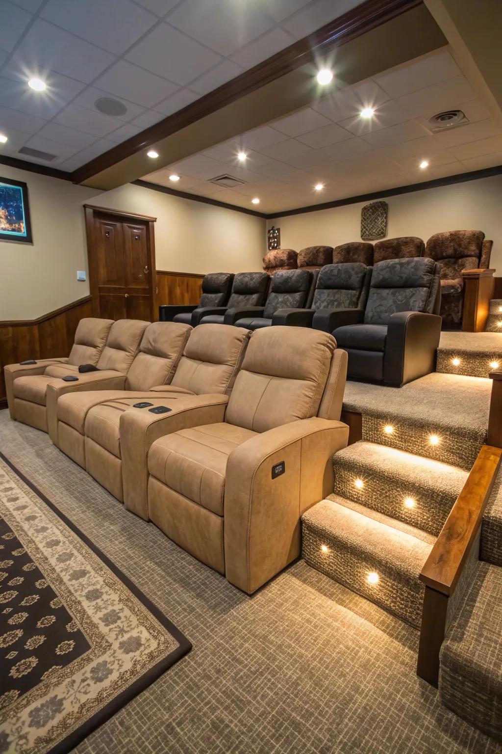 Combined seating layouts add adaptability and coziness to your home theater.