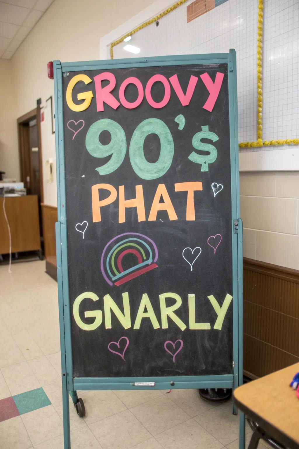 90s slang on display brings a fun, nostalgic touch.