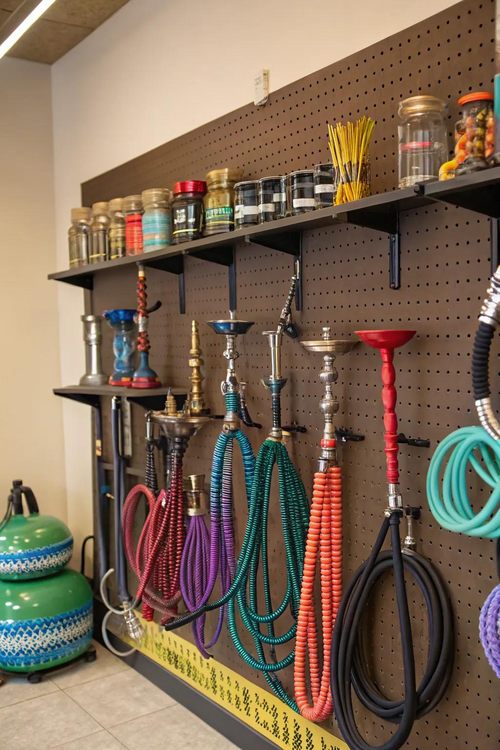 A customizable DIY pegboard for organizing smoking equipment.