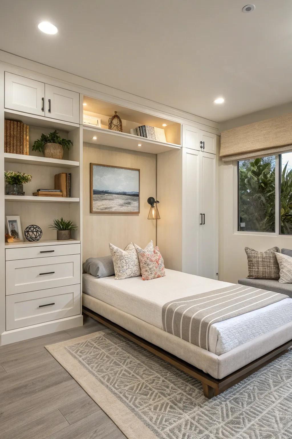 An elegantly simple room featuring a foldaway bed, creating a serene and orderly space.