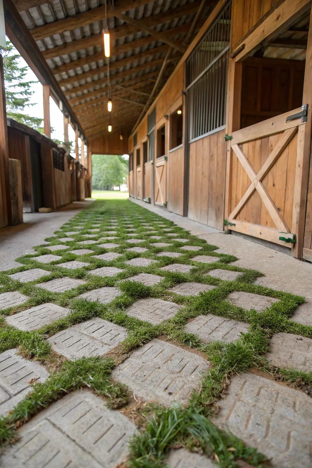 Grass pavers provide a unique mix of firmness and natural charm in barn routes.