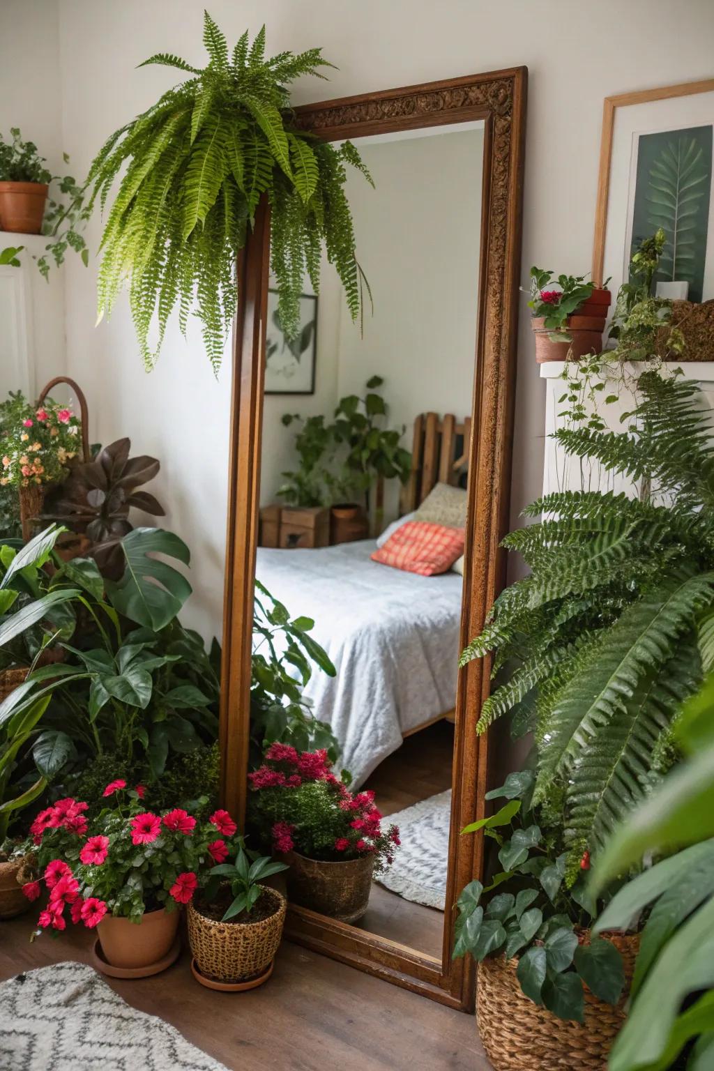 Flora enhances the inherent splendor of mirrors, engendering serene spaces.
