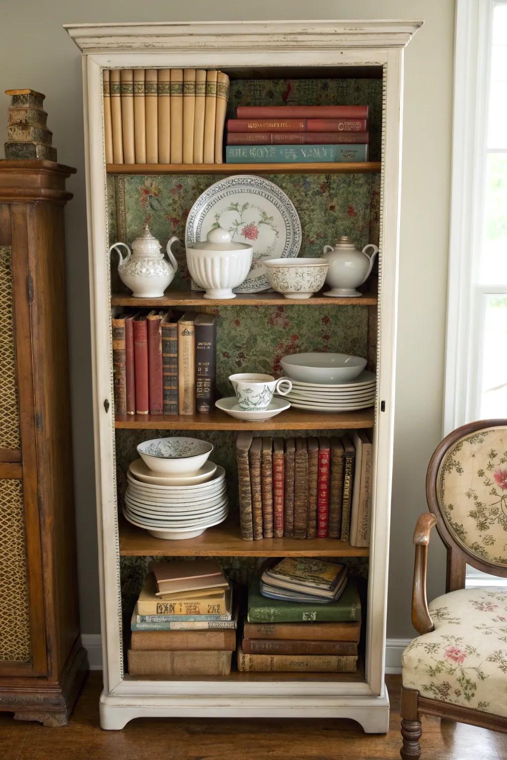 A bookcase repurposed to display a mix of books and dishware.