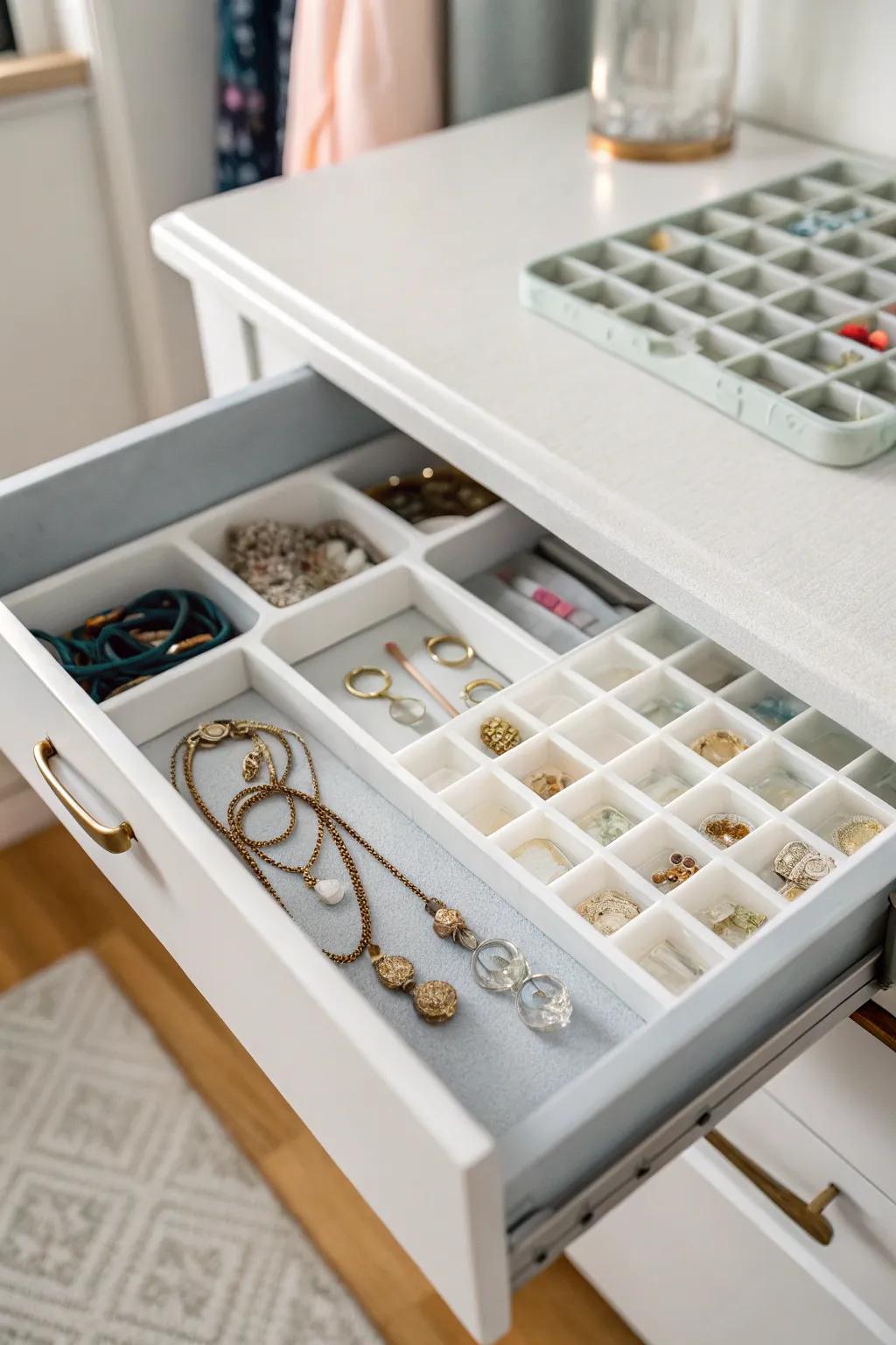 Repurposed items like ice cube molds deliver inventive and operational drawer systems.