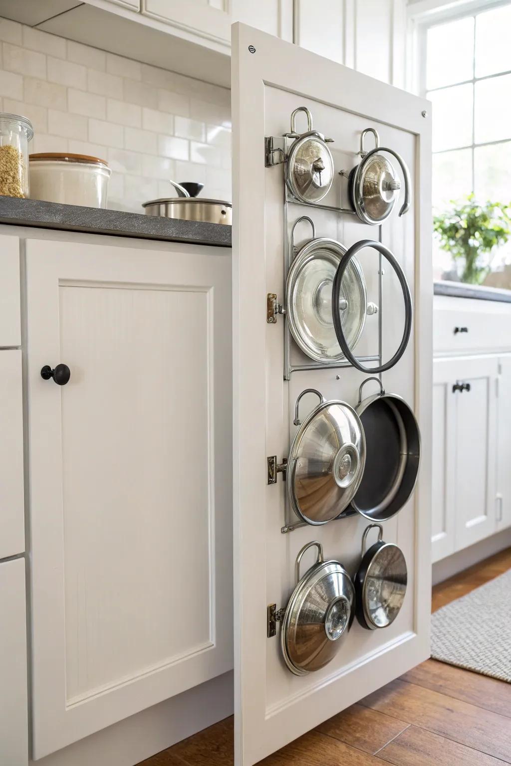 Suspending pot lids on doors saves vital cabinet area.