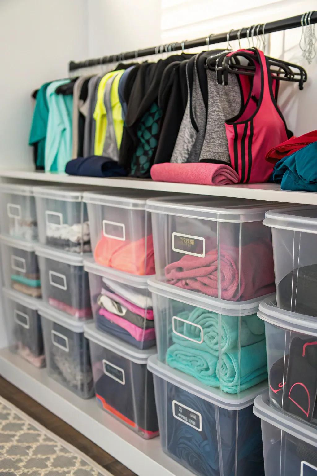 See-through bins showcasing neatly folded workout gear.