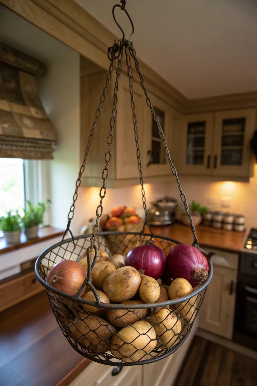 Suspended containers are both decorative and practical for produce storage.