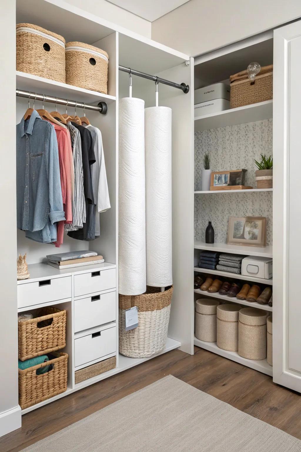 Stress mounts efficiently warehouse tissue paper spools in a closet.