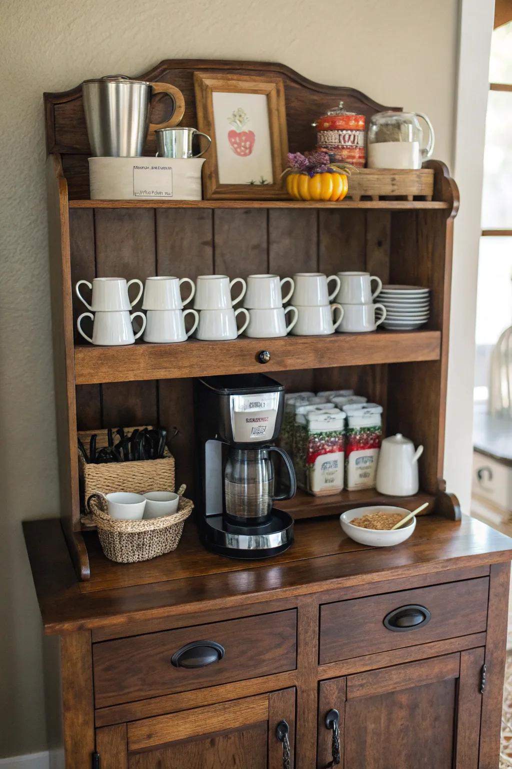 Start your day off right with a china cabinet top coffee station.