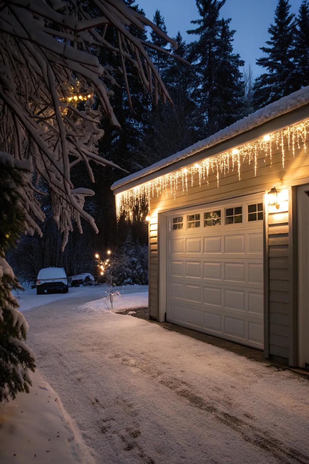 Garage doors adorned with glimmer strands, brightening up the driveway.