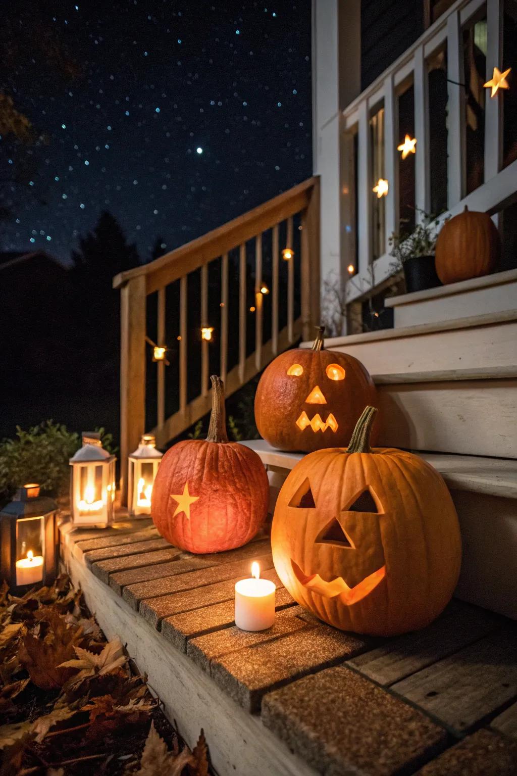 Candlelit pumpkins creating a warm and inviting glow in the evening.