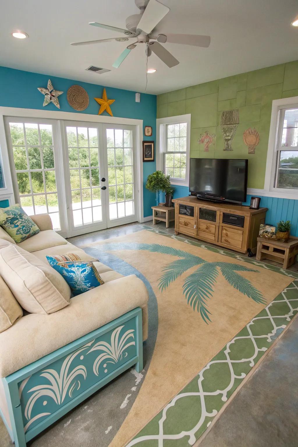 Beach-inspired hues across a concrete floor elicit a sense of tranquility in this coastal lounge.