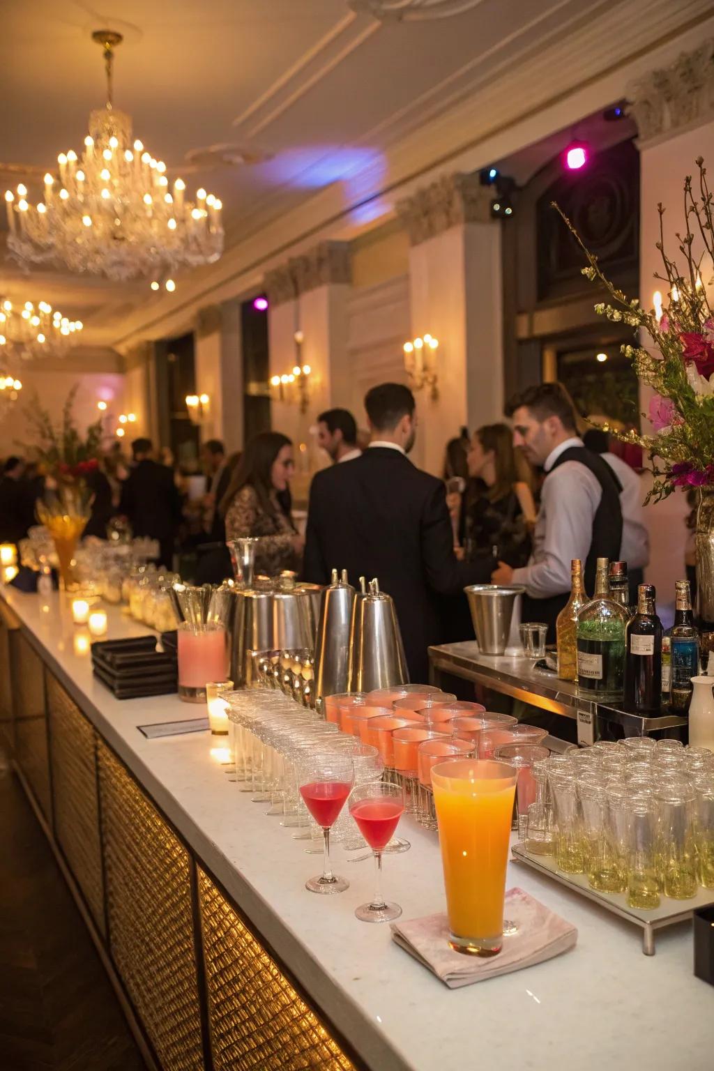 A sophisticated indoor party featuring a chic drink station.