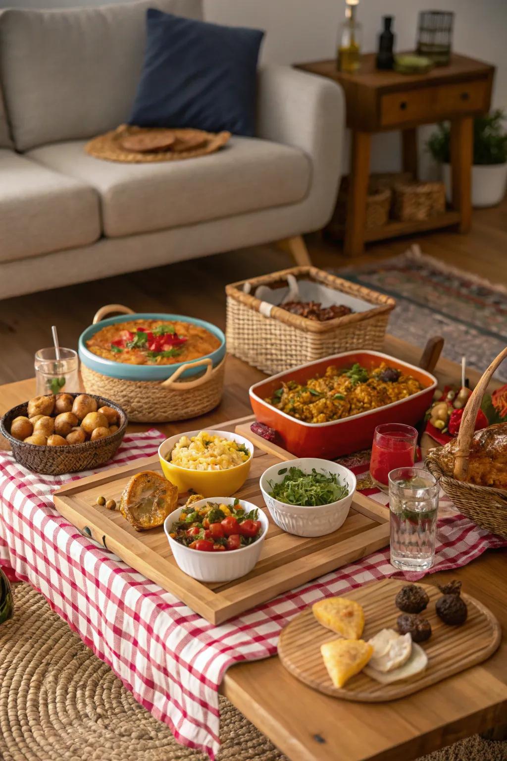 An indoor picnic with dishes from a global cuisine offers an international flair.