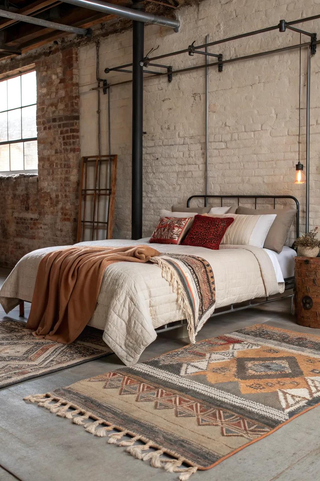 Layered textiles establish a cozy atmosphere in this industrial sleeping area.