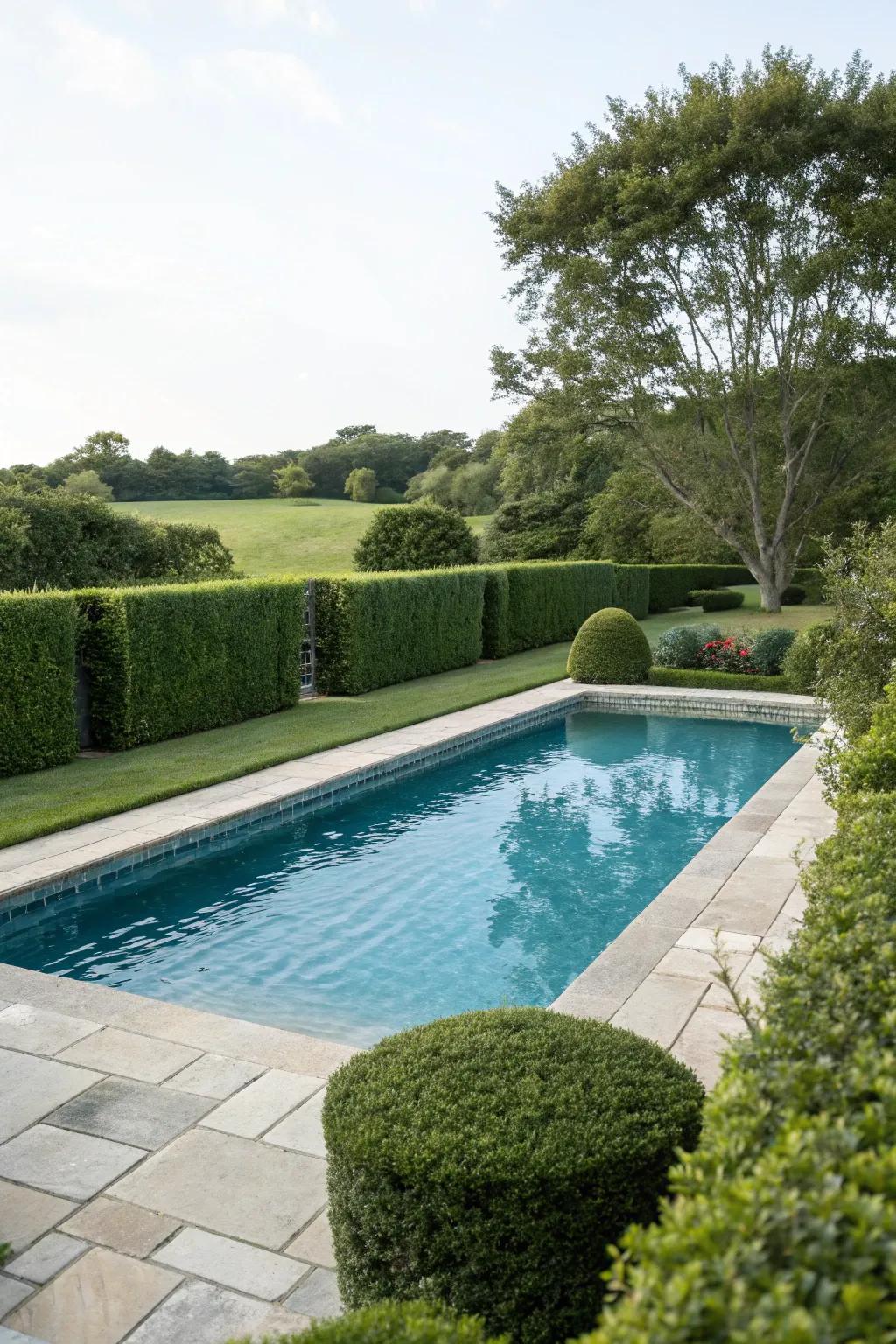 Shrubbery crafts a lush and native seclusion barricade around pools.