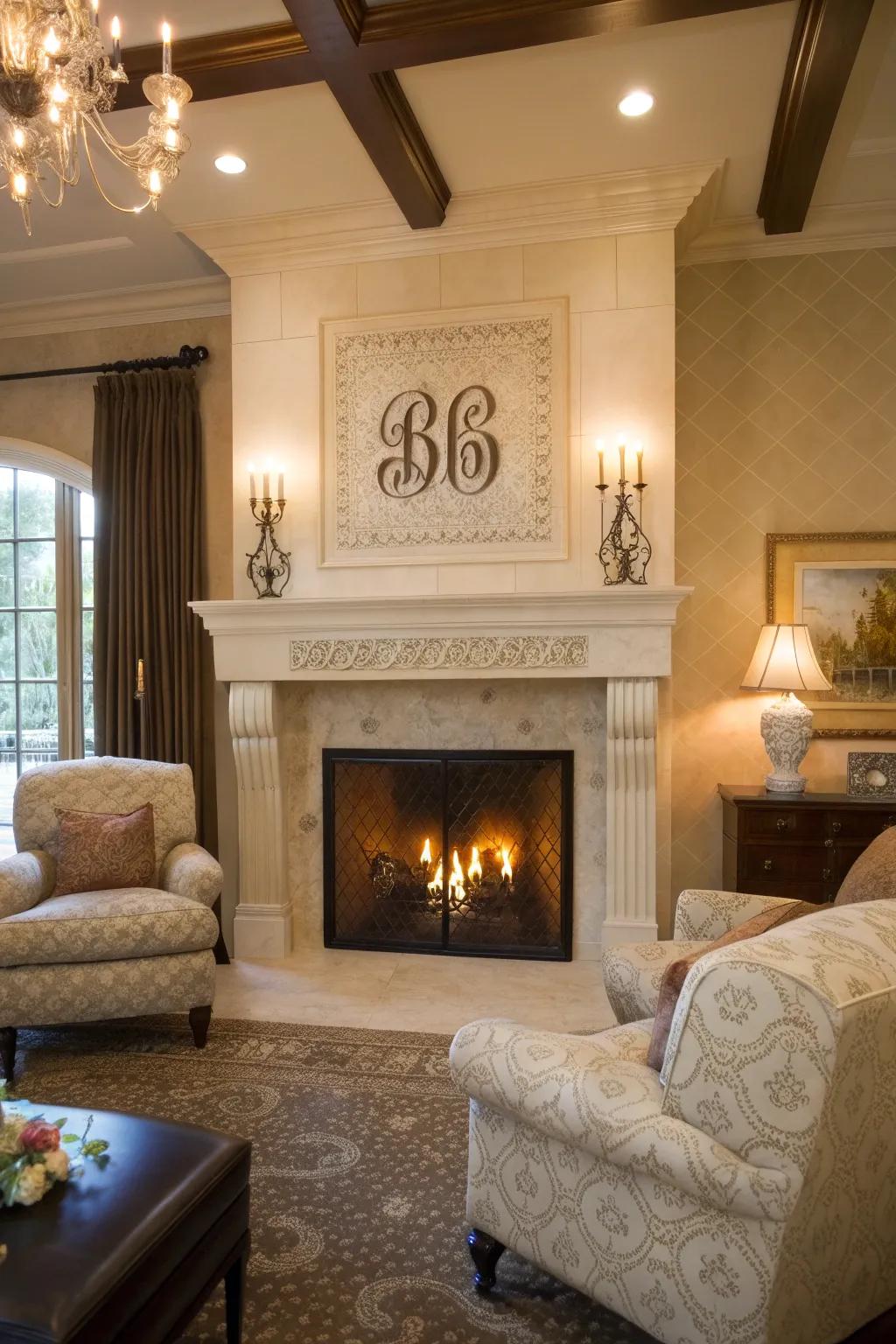 Sophistication is combined with warmth utilizing an initials fire screen.