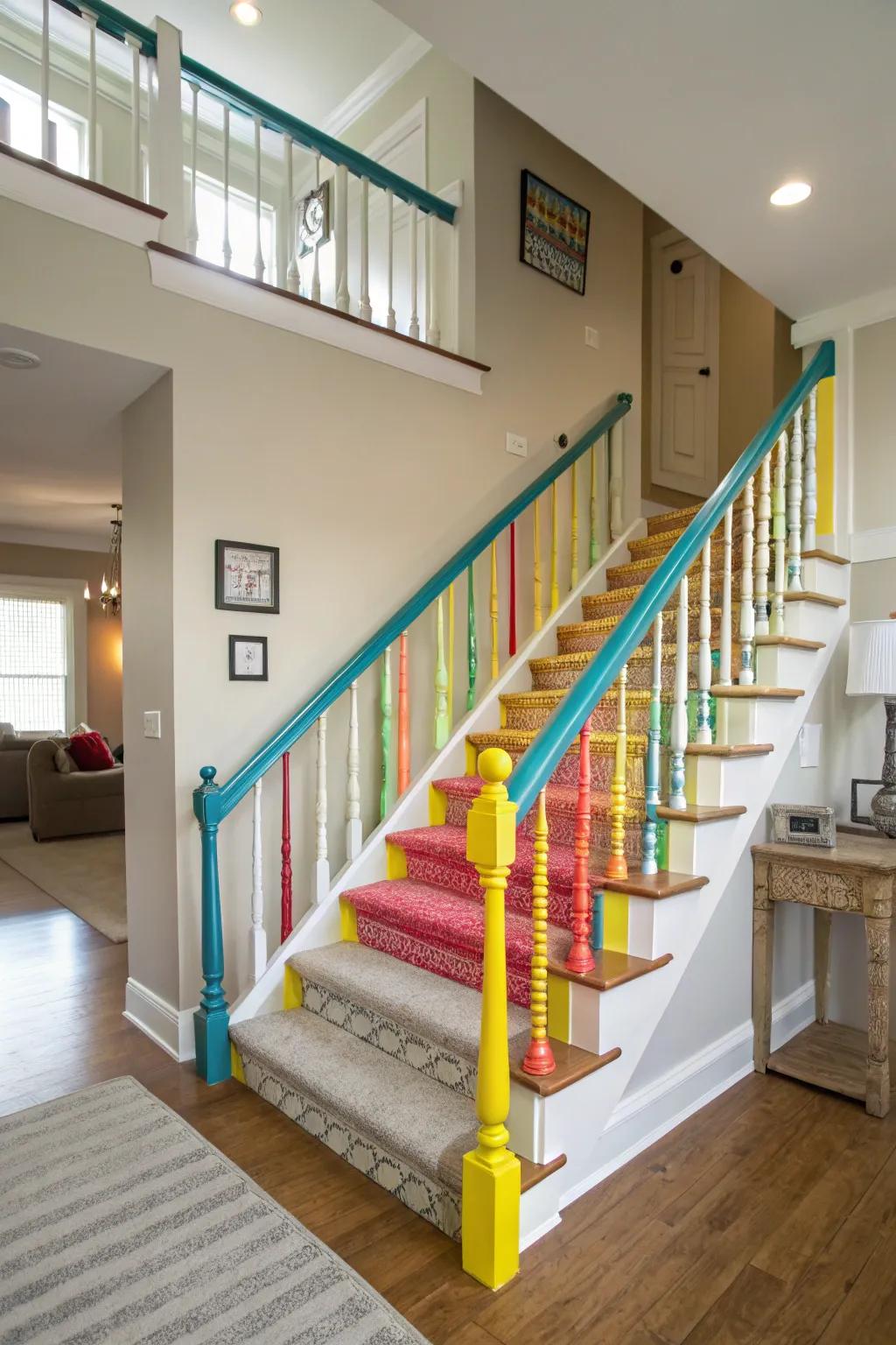Bold colors on railings include a fun and unexpected twist.