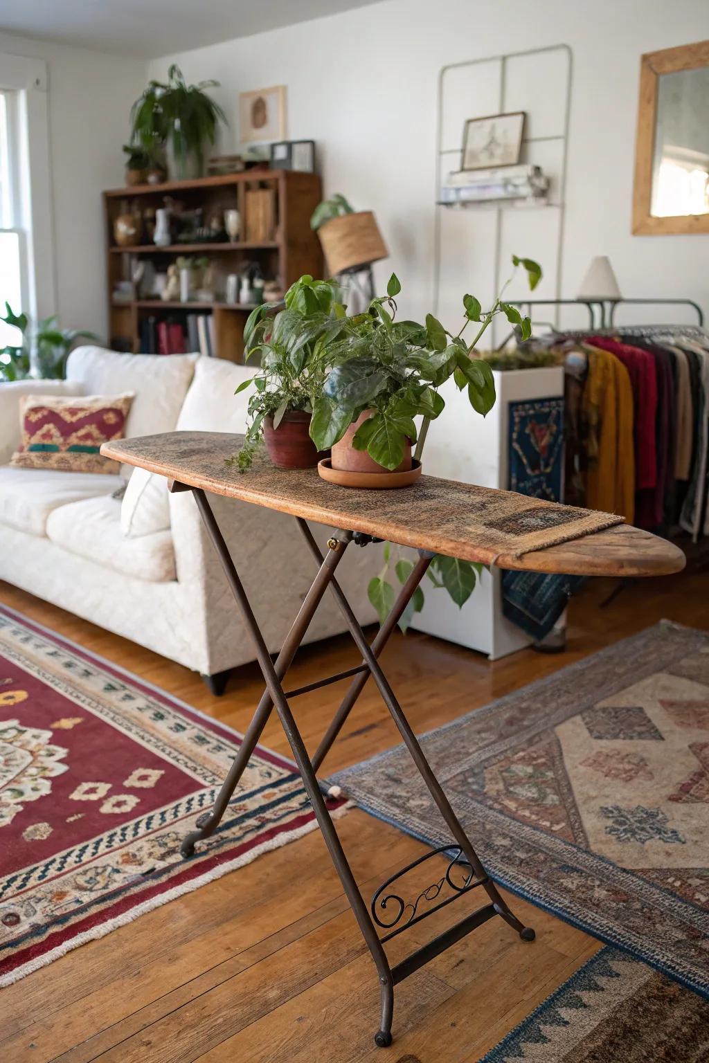 A vintage pressing surface creatively repurposed as a plant stand.