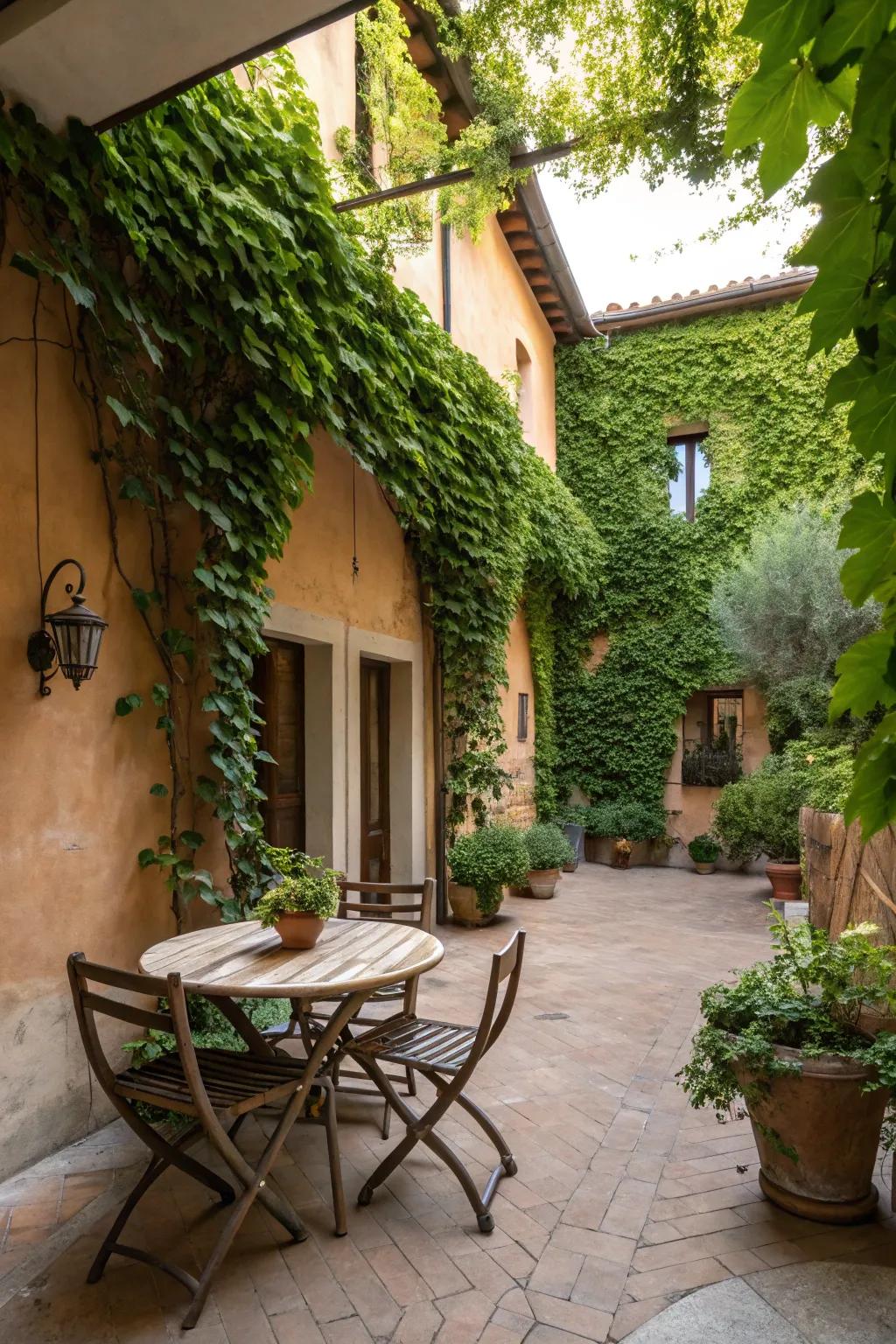 Vine-draped barriers bring timeless charm to an Italian patio.