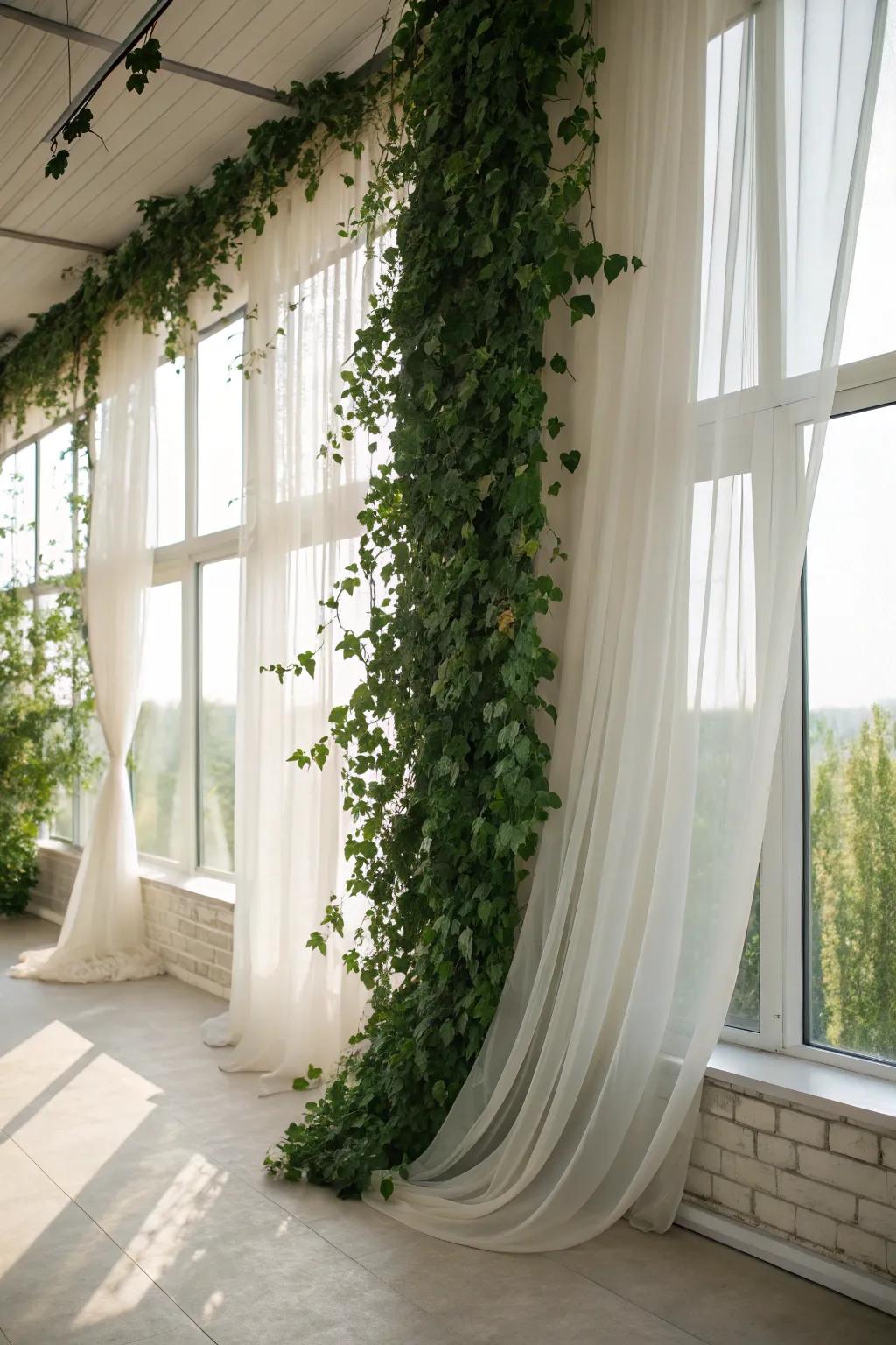 A fairy tale ivy wall paired with sheer drapes for a dreamy atmosphere.