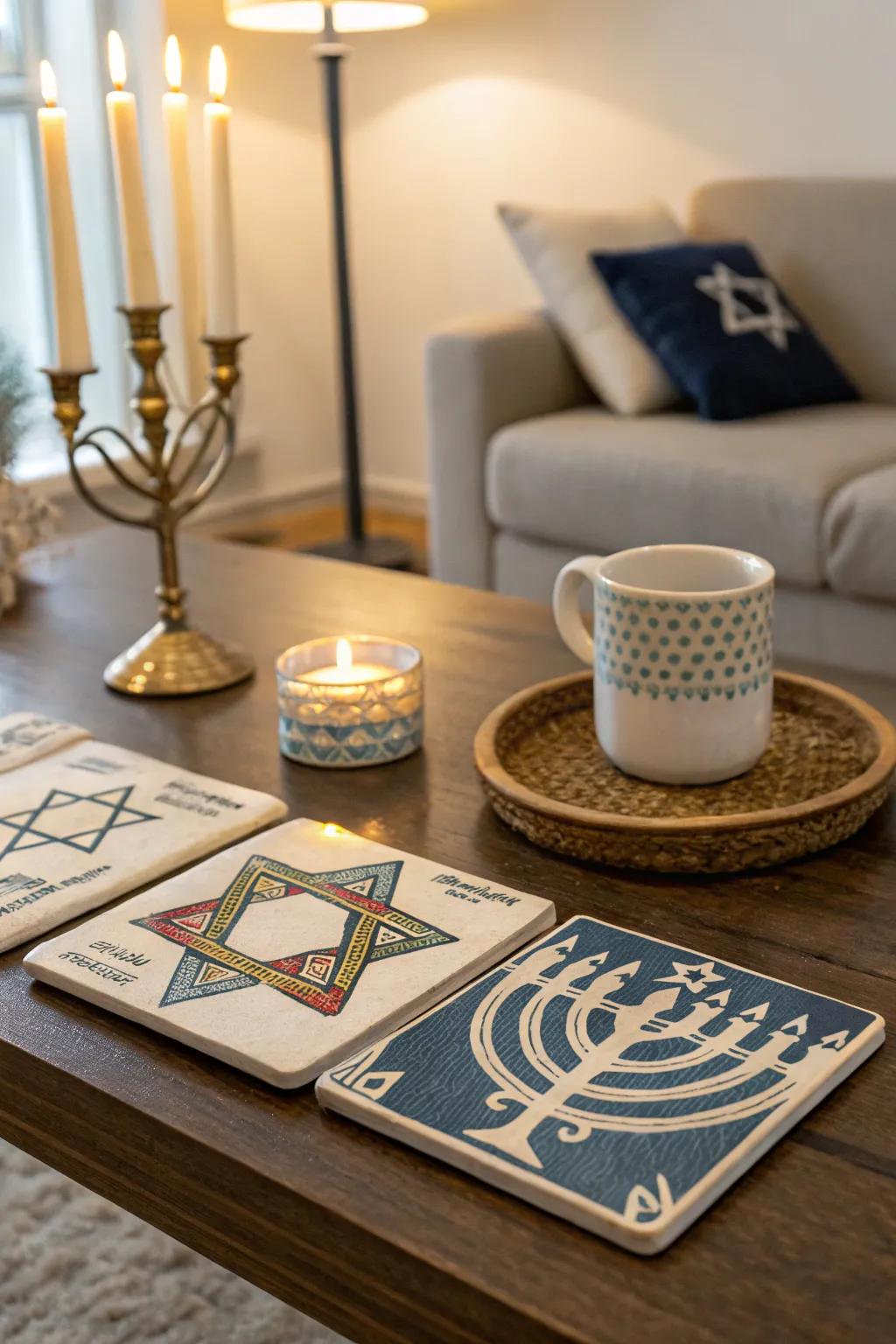 Themed coasters adding charm to a coffee table setting.